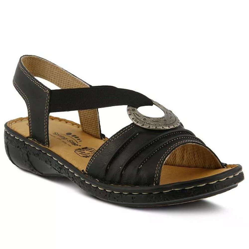 Spring Step Karmel-B Black Leather Slingback Sandals Womens 38 Handmade Comfort
